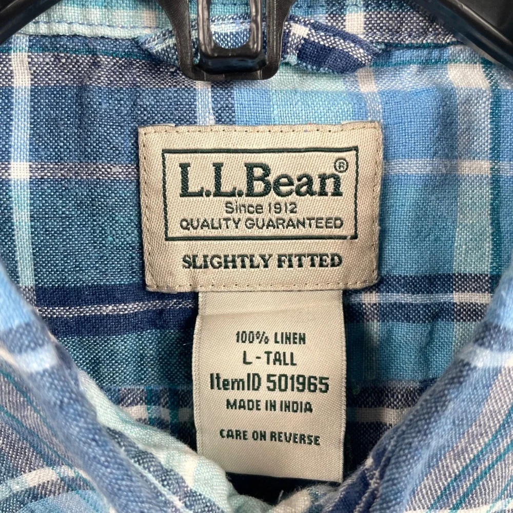 LL Bean Shirt Men LT Large Tall Blue Plaid 100% Linen Slightly Fitted Button Up - Picture 12 of 12